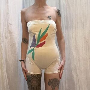 White Strapless Swimsuit One Piece Vintage 80s Floral Minimalist